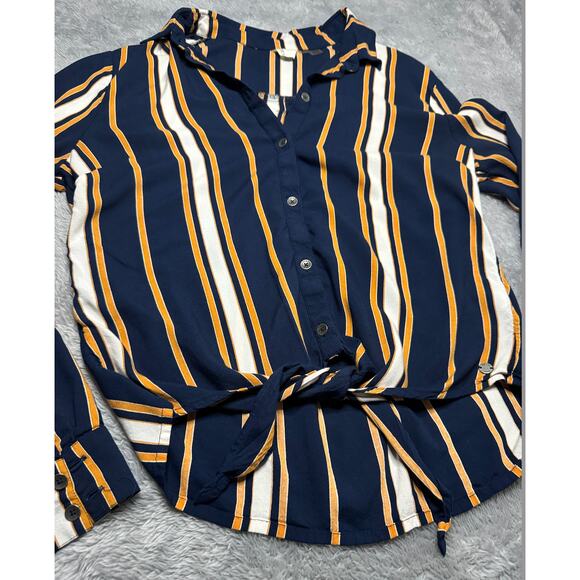 Roxy Suburbs Vibes Stripes Top Women's M Navy Yellow Button Tie Collared Button - Picture 10 of 11